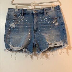 Distressed Blue Denim Shorts with Studded Rhinestone Accents